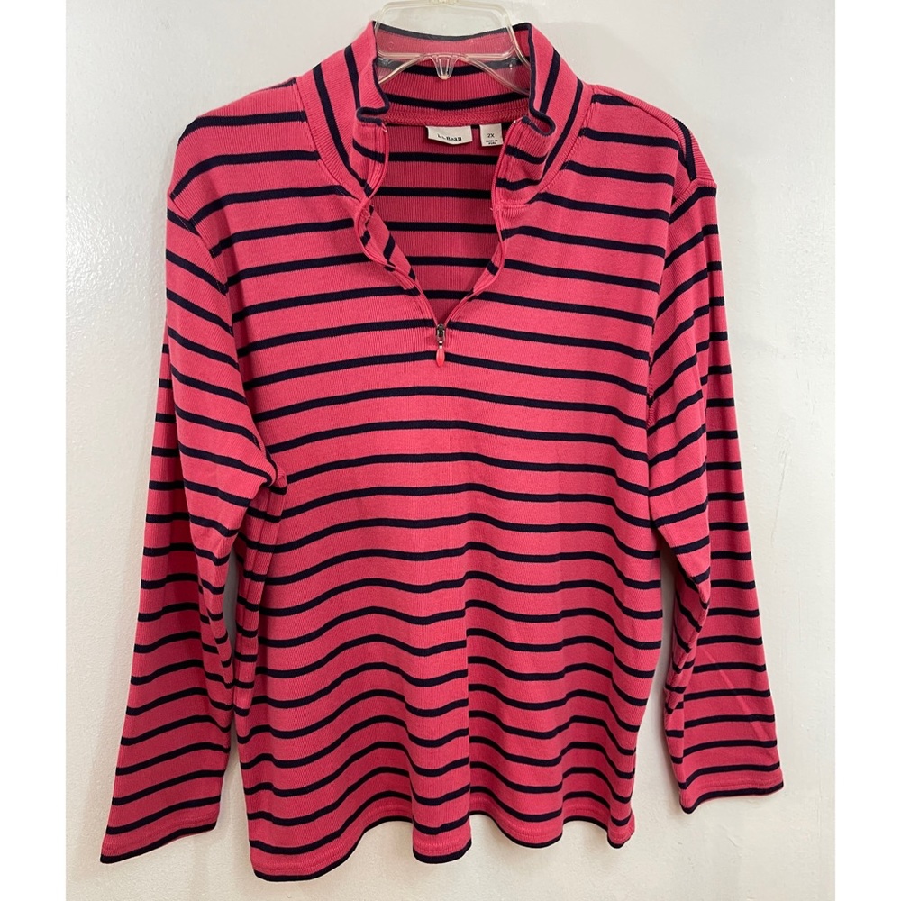L. L. Bean Women’s Pink & Navy Blue Striped Long Sleeves Half Zip Shirt Size: 2X